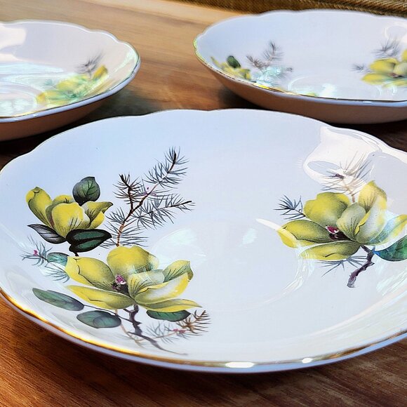 Vintage Regency English Bone China Saucers, Yellow Magnolia Gold Trim, Set of 3 - Picture 5 of 10